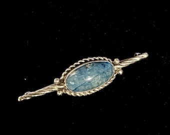 Vintage Blue Apatite Brooch – Sterling Silver Bar Pin, Stamped 925 Estate Jewelry