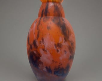 Vintage Cameo Art Glass Vase 13” | Le Verre Français Style | Orange Purple Marbled | French Deco Style | Heavy Unsigned Glass