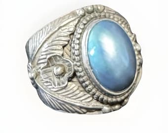 Vintage Sterling Silver Blue Mabe Pearl Ring – Southwestern Statement Estate Jewelry Size 7.5