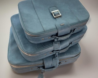 Vintage Teal Meridian Luggage Set of 3 | Mid Century Suitcases w/ Keys & Tags | Retro Travel Decor | Photo Prop | Aesthetic Storage