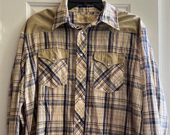 トップス 70s GENUINE ROEBUCKS CHECK SHIRT VINTAGE Vintage Roebucks Mens Pearl Snap Plaid Long Sleeve Button Down