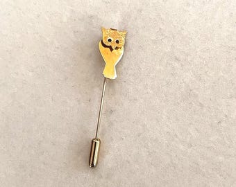 Vintage 1970s Gold Tone Owl Stick Pin • 2.5 Inch Lapel Pin