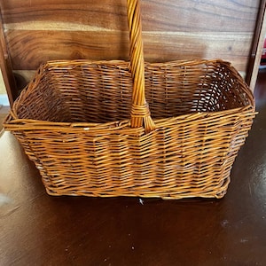 May include: A rectangular wicker basket with a woven handle. The basket is made of light brown wicker and has a sturdy, woven construction. The handle is twisted and attached to the basket.
