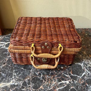 Vintage 1990s Wicker Suitcase Basket Small Lidded Storage Basket 10 Inch