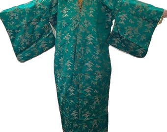 Vintage 1970s Japanese Kimono Robe Emerald Green Gold Brocade