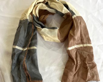 Vintage Bill Blass Scarf • Taupe Ivory Gray Geometric • 50” Long Skinny Silk Scarf