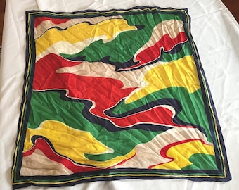 Vintage (1980s) Silk Scarf • 28” Square • Abstract Multicolor Print • Navy Border