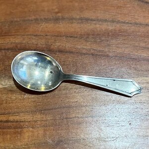May include: A small, silver spoon with a rounded bowl and a decorative handle. The spoon is made of a shiny metal and is resting on a wooden surface. The handle has a pointed end.