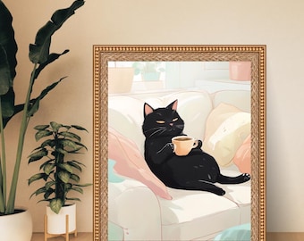 Impresión artística de gato negro: Póster de gato perezoso tomando café