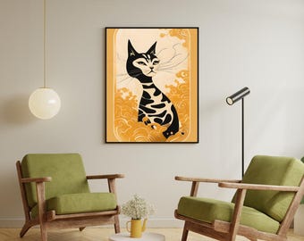 Arte de pared de gato negro vintage, póster japonés retro, impresión digital, decoración de cocina única, regalo perfecto, ilustración de gato peculiar y divertida