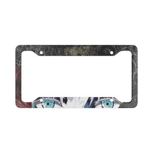 May include: License plate frame with anime-style eyes and light blue irises. The frame has a dark grey and black marbled design with the Japanese text "Jujutsu Kaisen" at the top. The bottom of the frame displays the character's eyes.