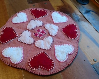 Valentine Heart Handmade 100% Wool Candle Mat  Penny Rug