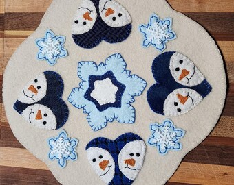 Handmade Wool Candle Mat with 2 Snowman Faces in Blue Hearts - Winter Holiday Decor