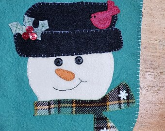 Handmade Snowman with Cardinal and Holly on Hat Wool Table Runner - Winter Holiday Decor