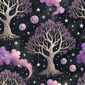 May include: A seamless pattern featuring stylized trees with light-colored trunks and purple foliage set against a dark, textured background. The scene includes purple clouds, multiple circular moon-like orbs, and various white stars, some hanging from branches.