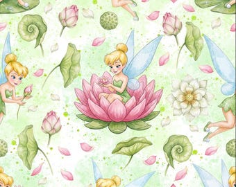 TinkerBell Fabric Lotus Flower Fabric Watercolor Fairy Fabric Craft Fabric Anime Cartoon Fabric 100% Cotton Fabric By The Half Yard