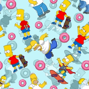 May include: A light blue seamless pattern featuring cartoon characters Bart and Homer Simpson in various poses, including skateboarding and jumping, interspersed with pink frosted donuts with sprinkles throughout the design.