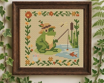 Summer Lake Cross Stitch Pattern! Frog Fishing -  Part of Acorn & Aria Collection - Instant PDF Download
