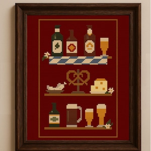 May include: A cross-stitch pattern of a red shelf with a variety of beer bottles, glasses, pretzels, and cheese. The shelf is decorated with a checkered pattern and small white flowers.