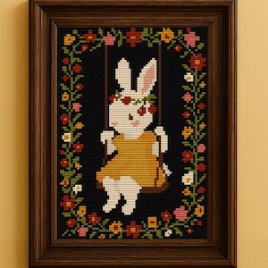 May include: Cross-stitch picture of a white rabbit on a swing, wearing a yellow dress and a floral crown, against a black backdrop. The artwork is framed in a dark brown wooden frame and has a floral border.