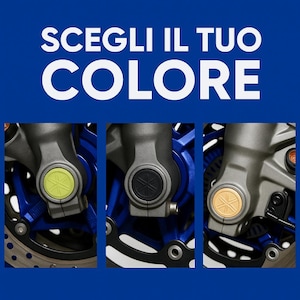 May include: Image features three motorcycle fork components with different colored accents: yellow, black, and gold. The components are set against a blue background, with the text "SCEGLI IL TUO COLORE" in white at the top.