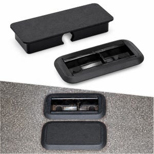 May include: A black rectangular desk cable grommet featuring a textured finish. The set includes a main housing unit with an open centre for wire management and a matching removable cover lid that fits securely over the opening to conceal cables.