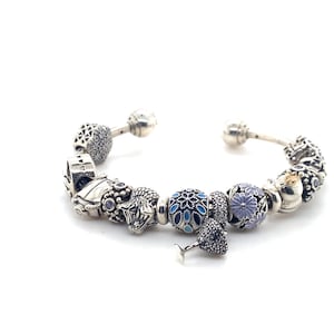 Adorable Vintage Sterling Silver Authentic Pandora Cuff Bracelet with Twelve Different Charms