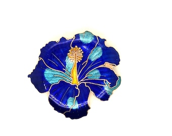 Vintage Copper Brooch Large Blue Enameled Flower