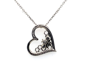 Vintage Sterling Heart Pendant with Honey Bee and Crystals