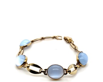 Vintage Gold Bracelet with Cat's Eye Cabochon and Oval Links