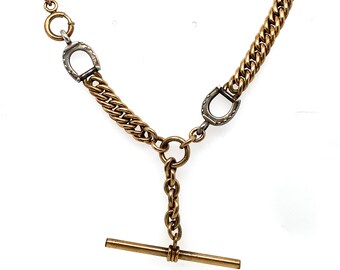 Vintage Yellow Gold T Bar Necklace made with Pocket Watch Chains 20"  Long