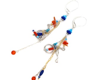 Sterling Silver and Bright Multi Colored Extra long Bead Earrings