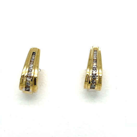 Vintage Yellow Gold J Hook Diamond Hoop Earrings - image 1