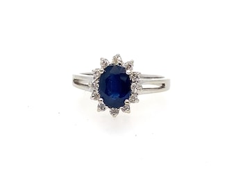 Vintage Gold Statement Ring with Sapphire and White Stone Halo Style Size 6 3/4