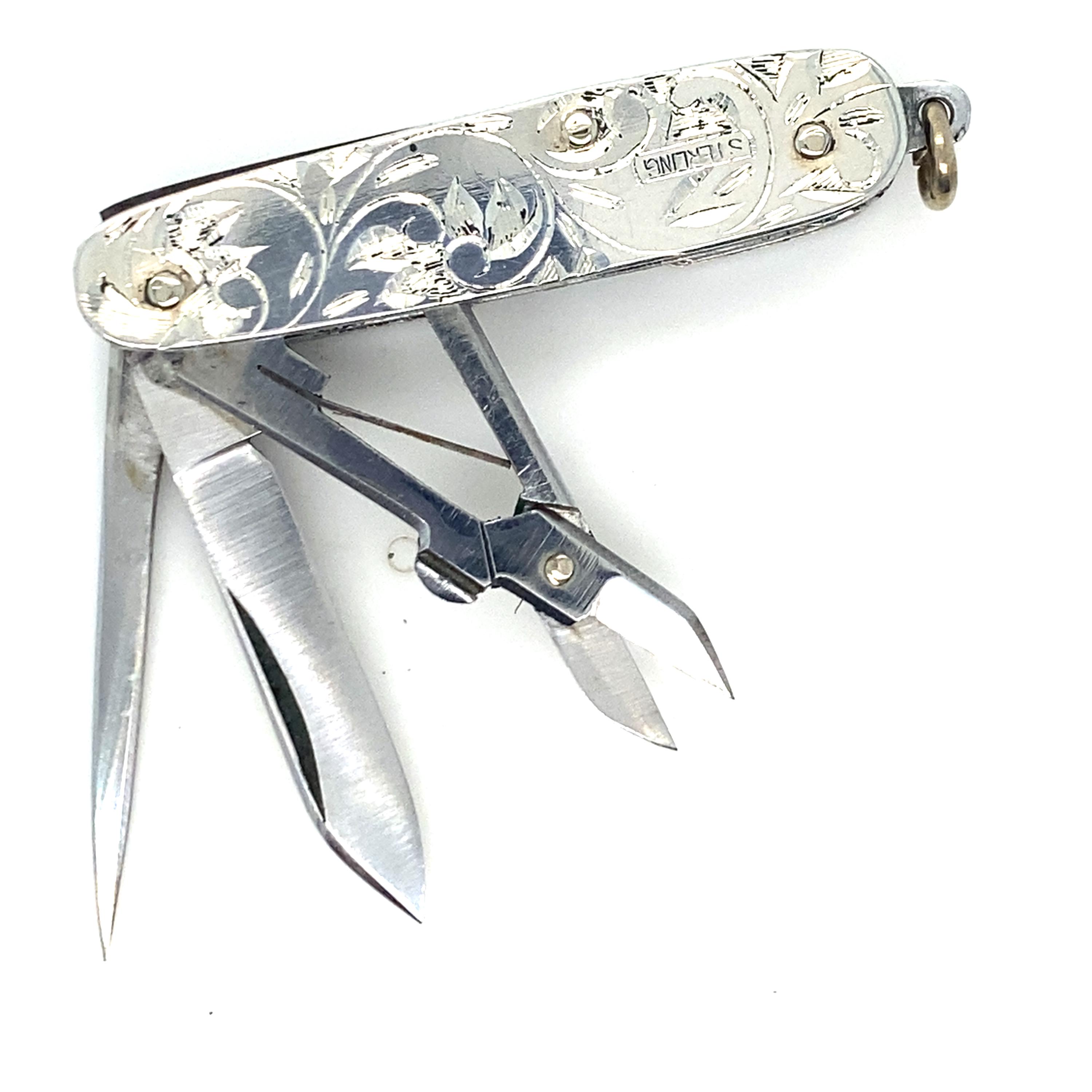 Vintage Sterling Knife Pocket Size Multi Tool Knife Hand Engraved