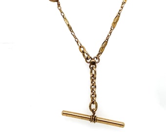 Vintage Yellow Gold T Bar Necklace made with Pocket Watch Chains 18 "  Long