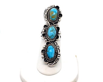 Long Sterling Silver and Multi Stone Turquoise Vintage Ring