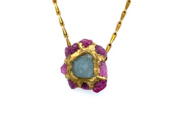 Brass Aquamarine and Ruby Multi Stone Hand Made Necklace