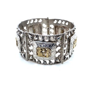 Vintage Sterling Silver and Gold Egyptian Motif Wide Bracelet