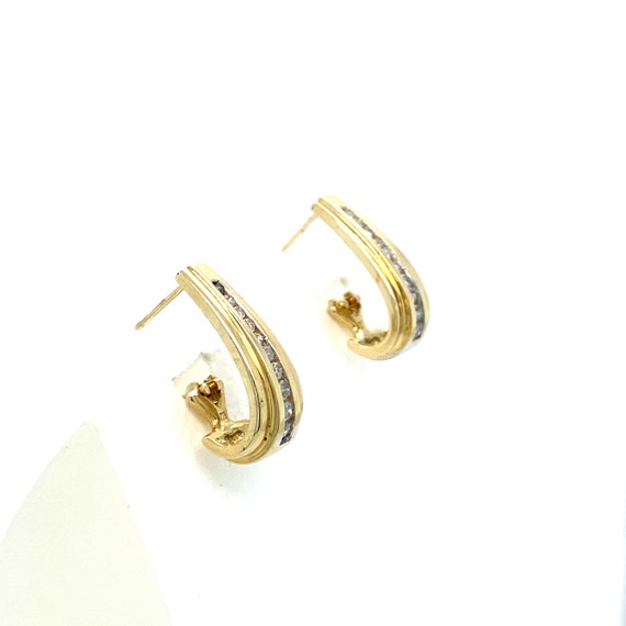 Vintage Yellow Gold J Hook Diamond Hoop Earrings - image 3