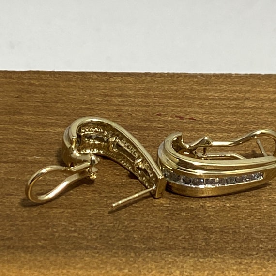 Vintage Yellow Gold J Hook Diamond Hoop Earrings - image 8