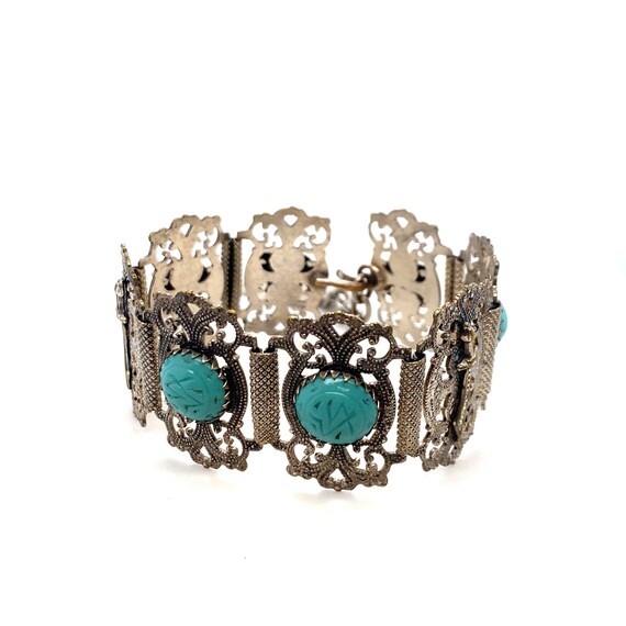 Vintage Wide Silver Toned and Turquoise Tribal In… - image 9
