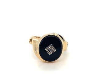 Vintage Yellow Gold and Onyx with Diamond Ring