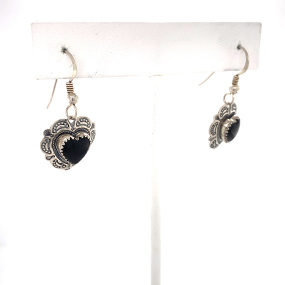 Vintage Sterling Silver Onyx Heart Drop Earrings - image 2