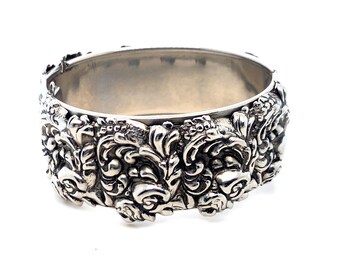Vintage Silver Hinged Bangle Wide with Repoussé Design