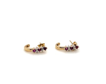 Vintage Yellow Gold Ruby and Diamond J Hoop Earrings