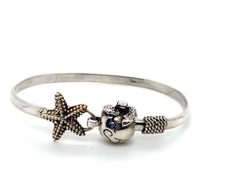 Vintage Sterling and Brass Sea Turtle and Starfish Bangle Bracelet