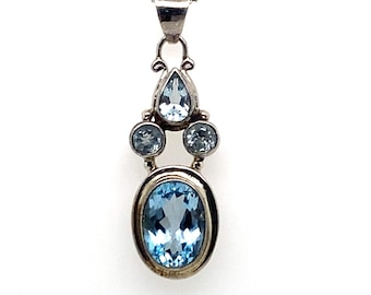 Vintage Sterling Statement Pendant with Blue Topaz on 20 " Box Chain