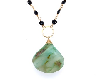 Yellow Gold Filled Green Chalcedony and Black Faceted Bead Boho Necklace