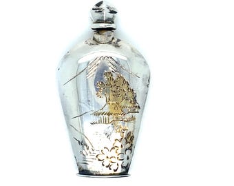Vintage Sterling Perfume Bottle Japanese with Mount Fuji Landscape